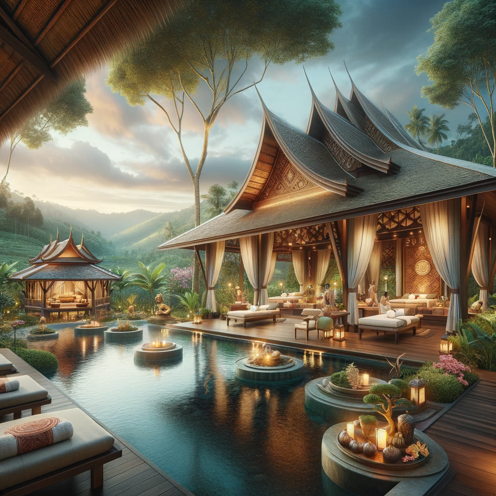 Thailand Spa in a valley with water surrounding it.